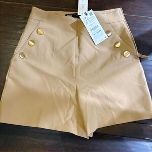 Zara High Waist Tan Shorts with Gold Buttons